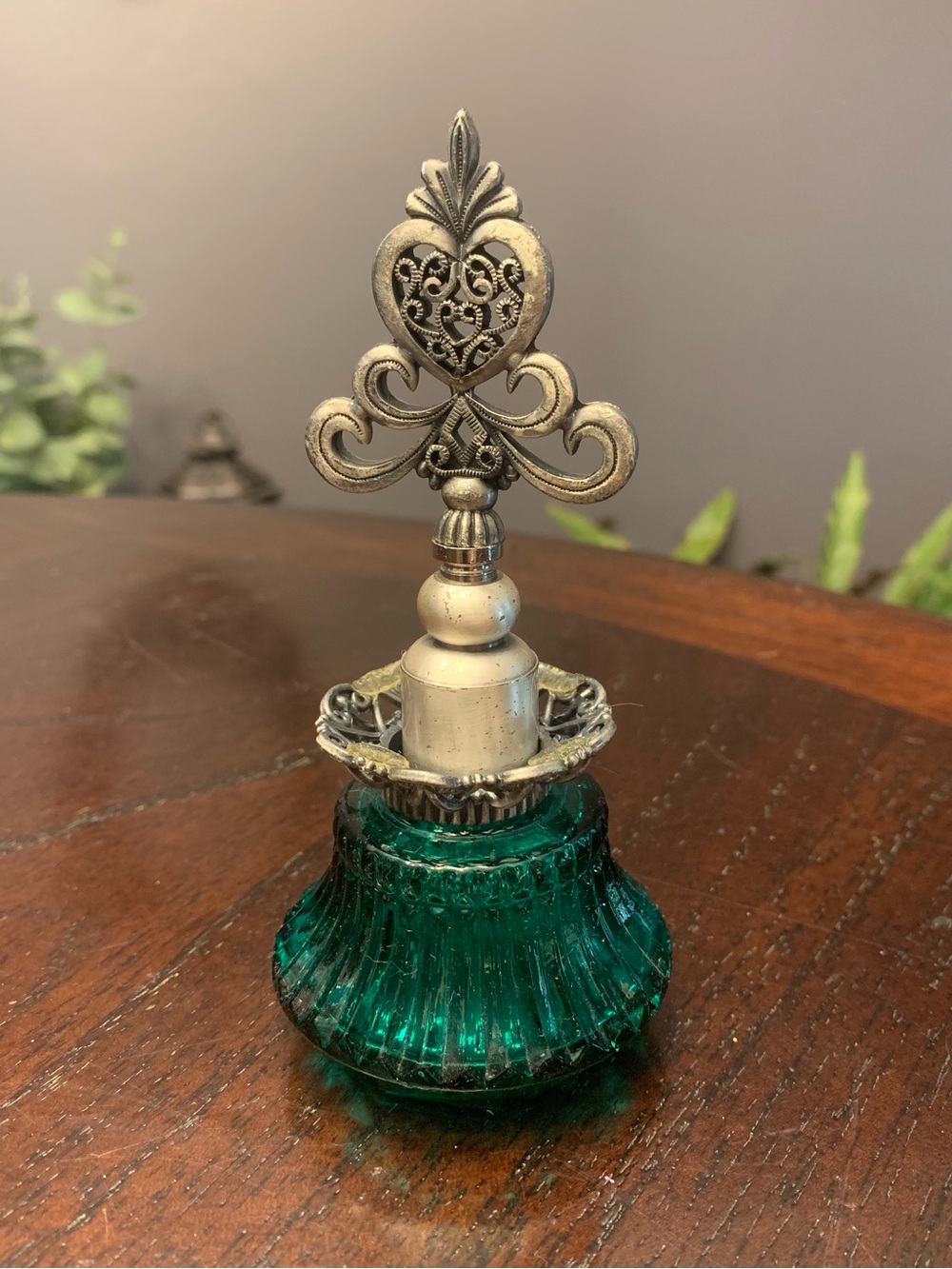 Vintage Mid Century Pewter Heart Crown Perfume Bottle